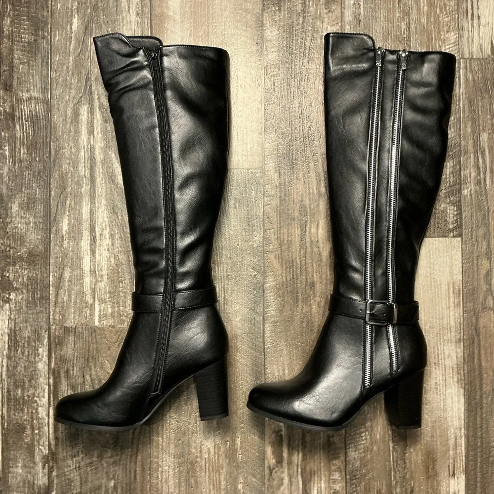 New York & Company Black Over-the-Knee Block Heel Boots with Dual Zippers Size 8